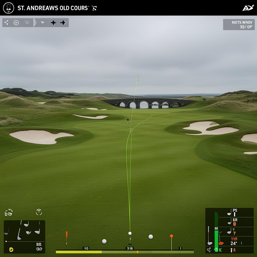 Links-style course view with stone bridge and pot bunkers as seen inside the simulator